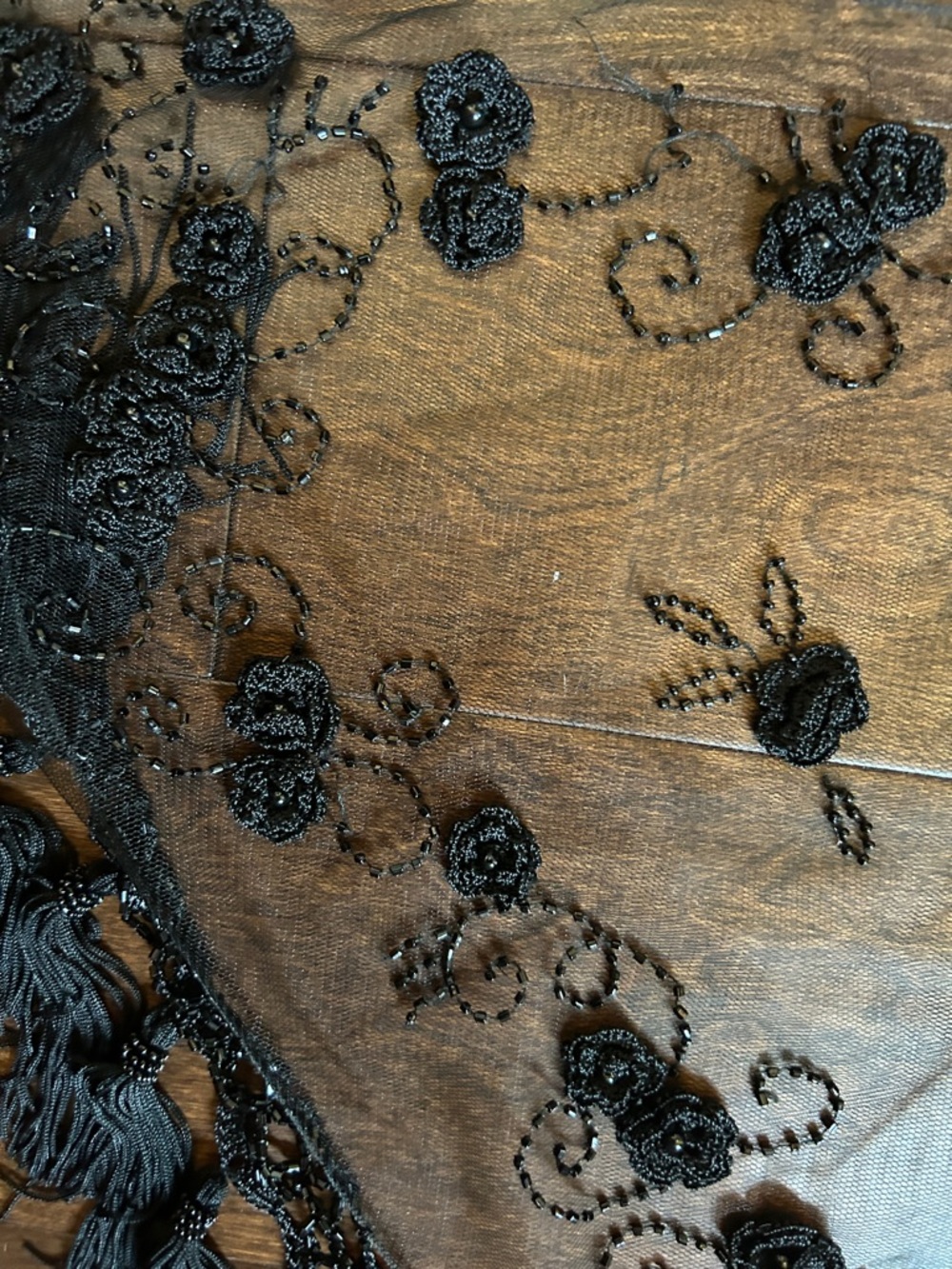 Black Lace Fringe Wrap Shawl - Elegant Evening Scarf - Picture 14 of 15